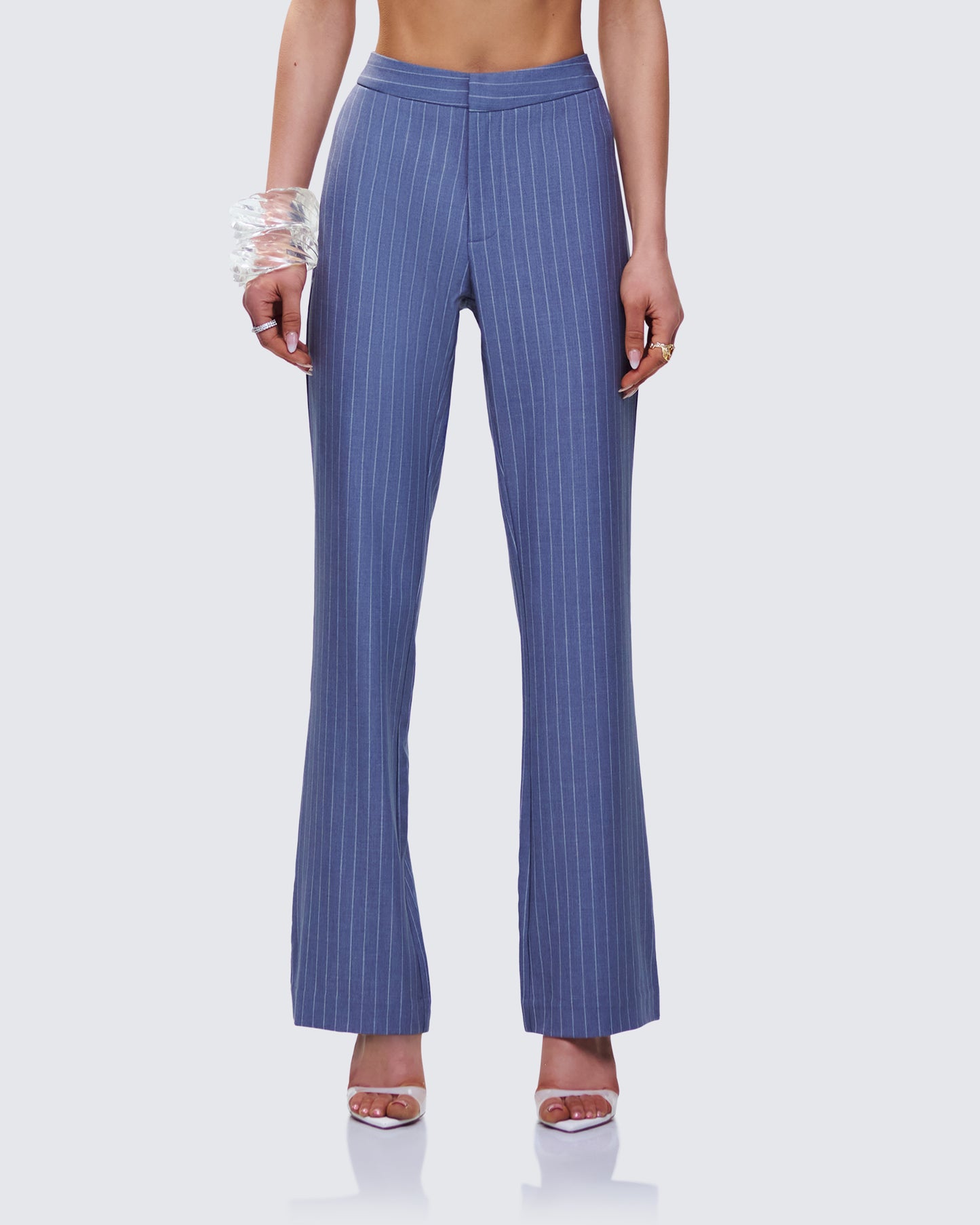 Ziva Grey Pinstripe Mid Rise Pants model front
