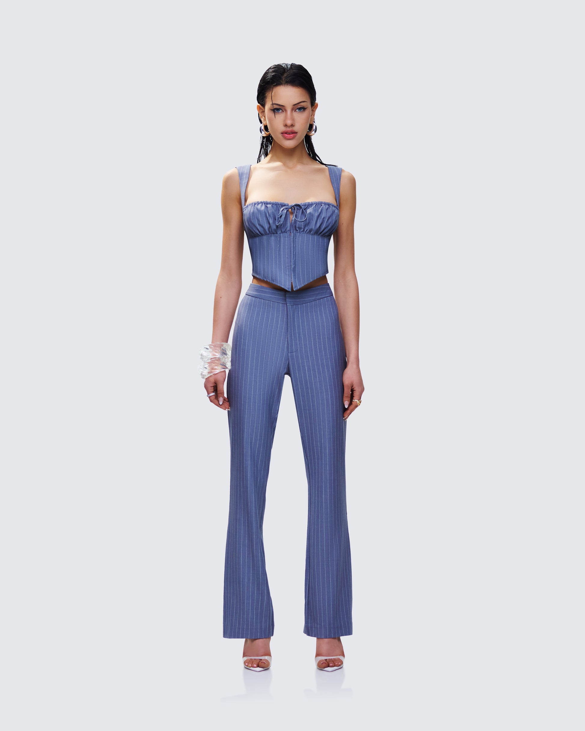 Ziva Grey Pinstripe Set model front