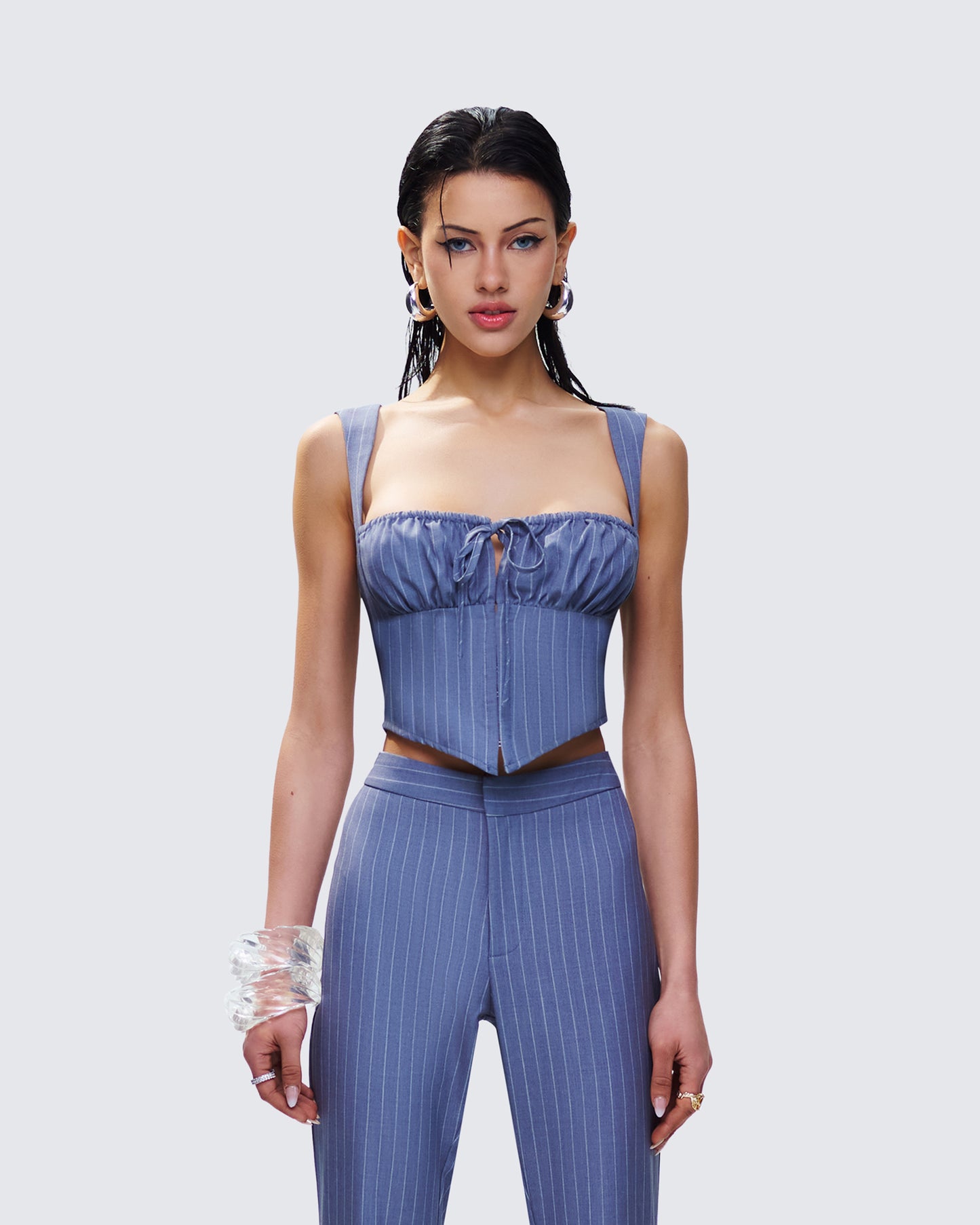 Ziva Grey Pinstripe Top model front