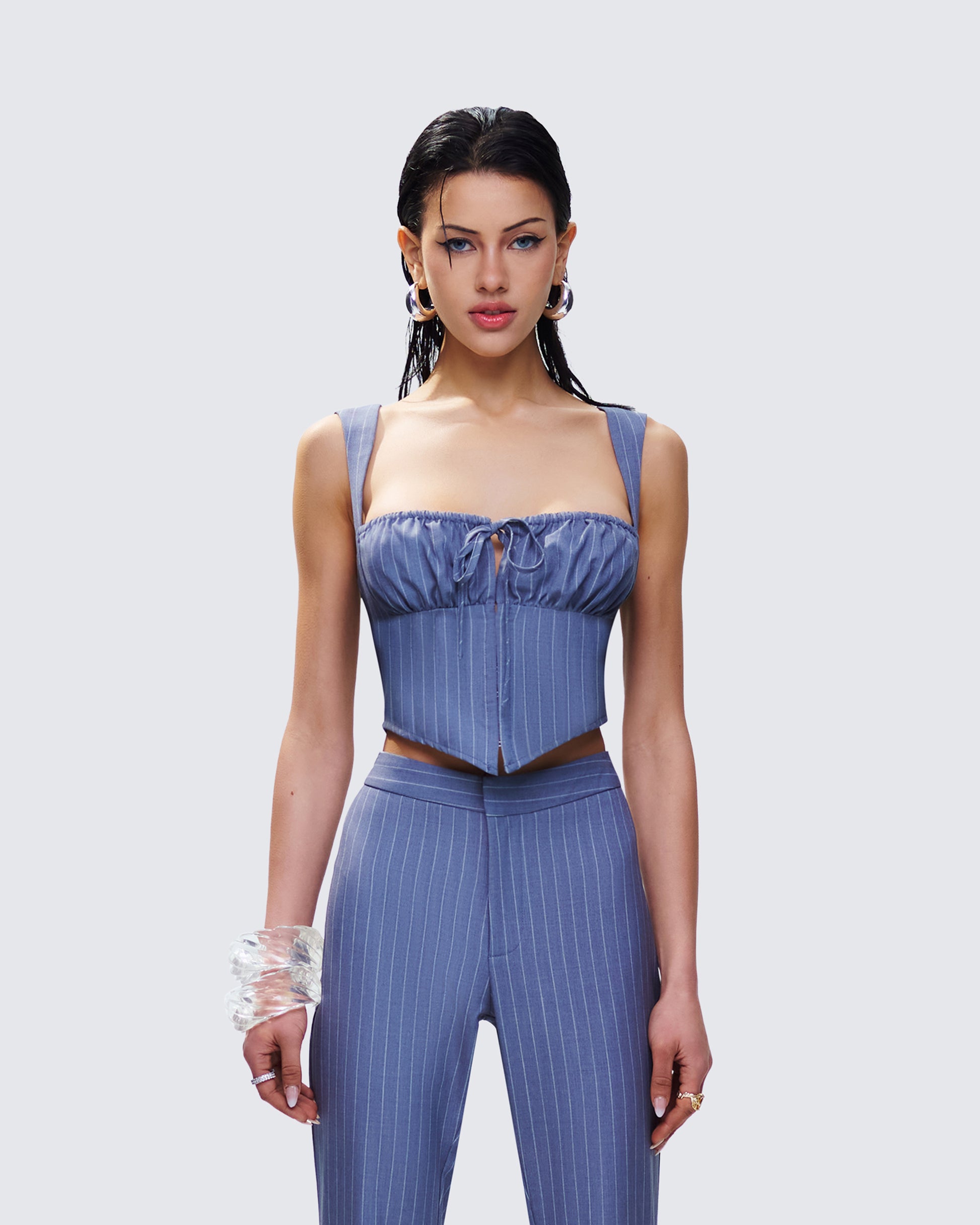 Ziva Grey Pinstripe Top model front