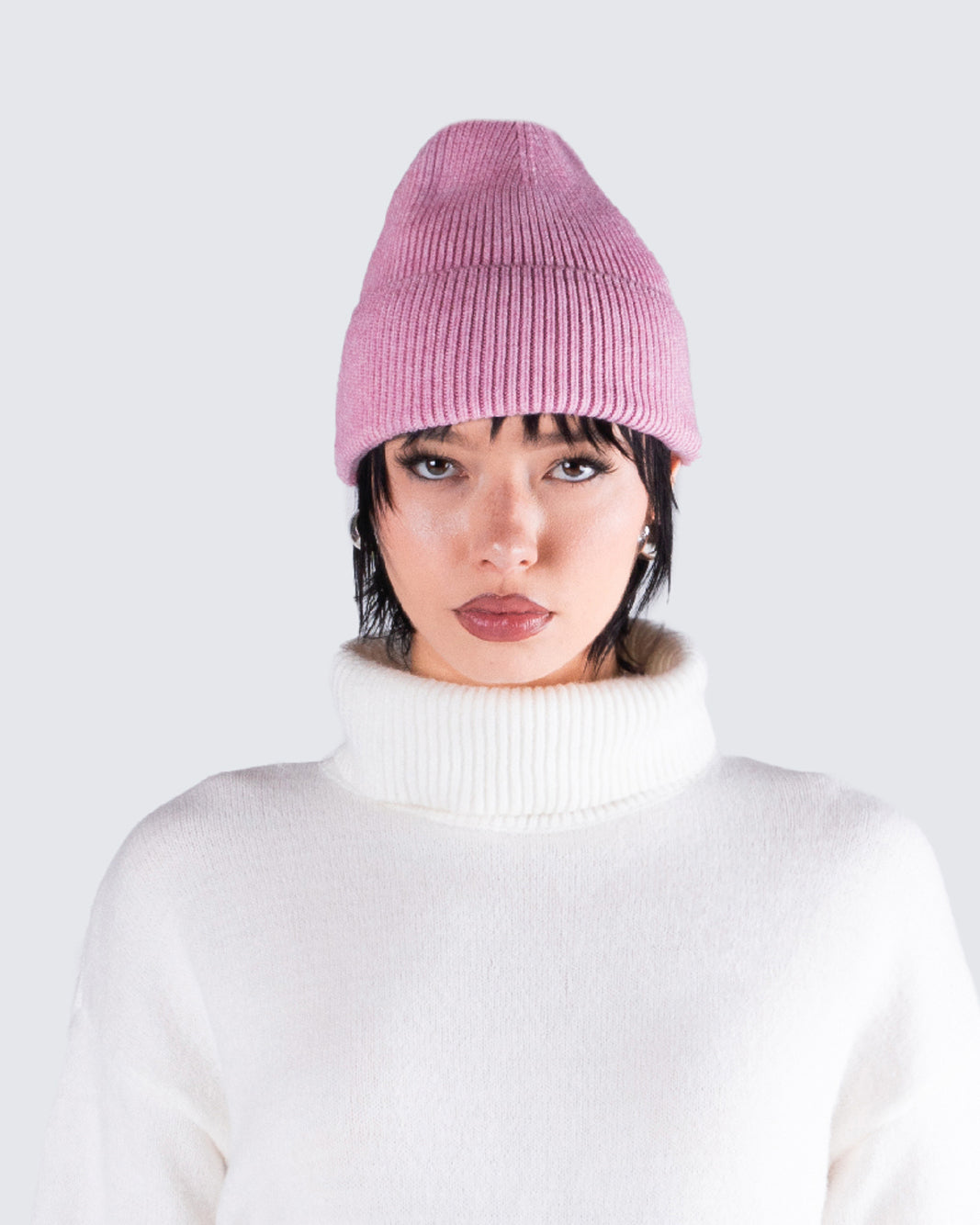 Molly Pink Ribbed Beanie model front