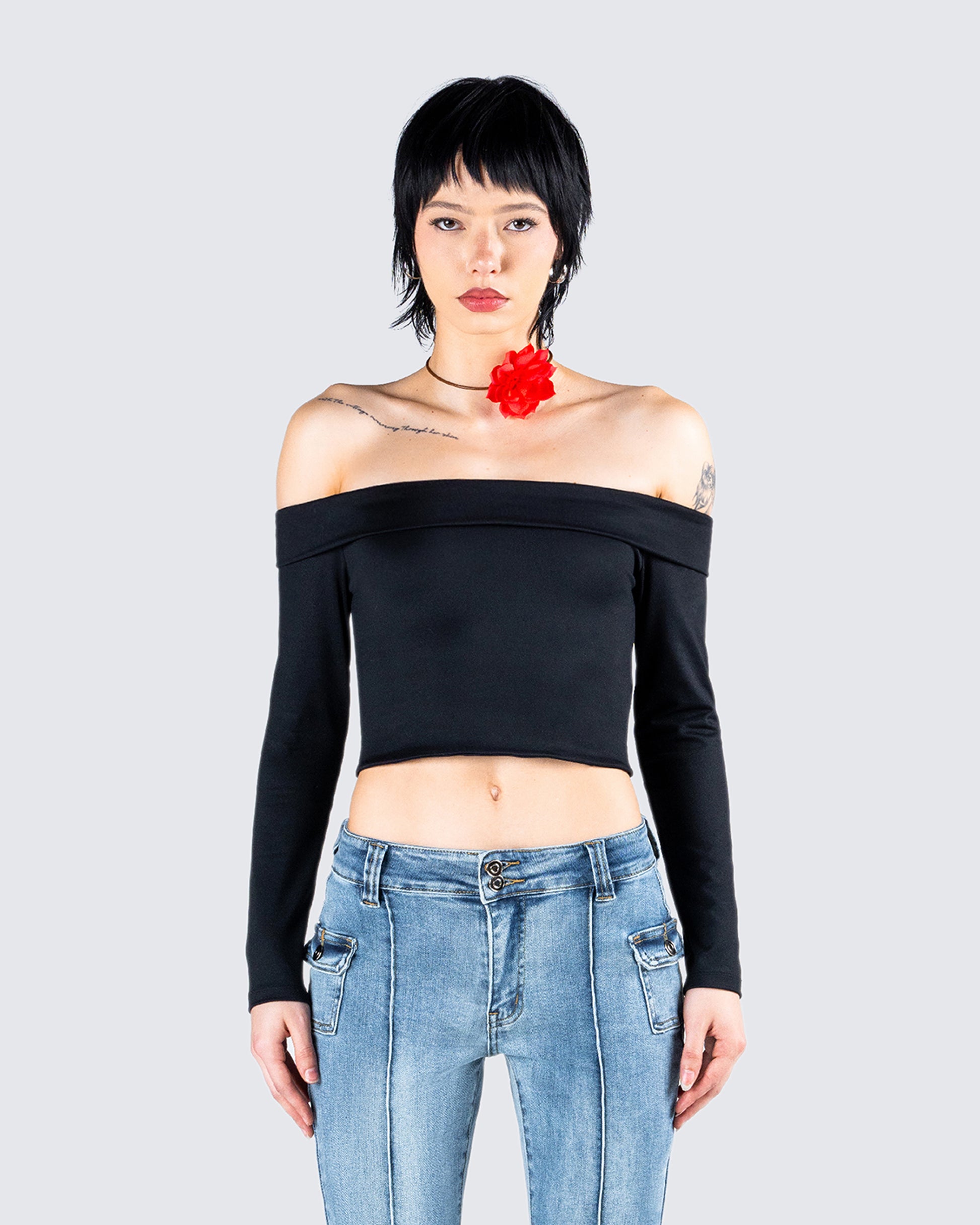 Zori Black Jersey Off Shoulder Top model front