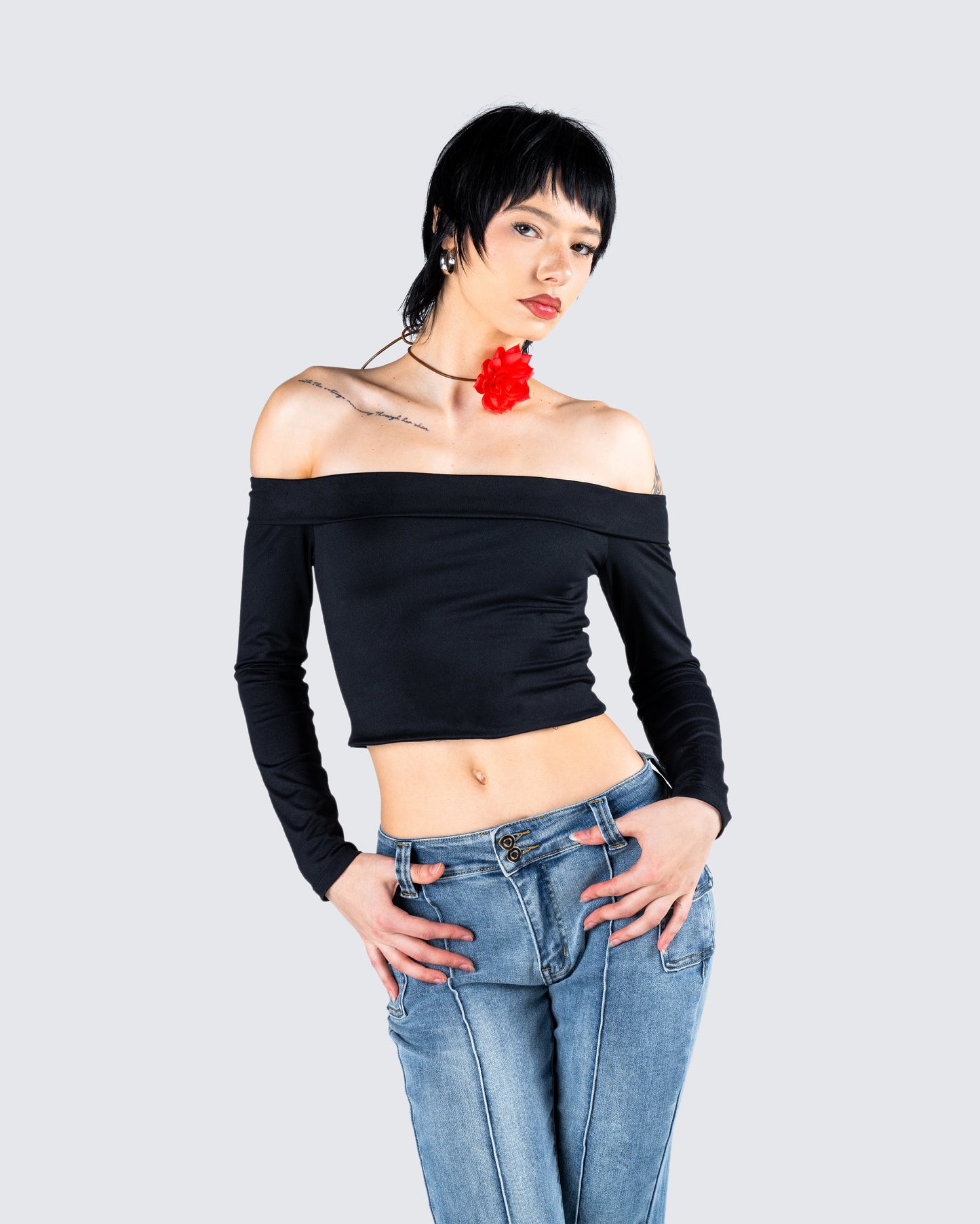 Zori Black Jersey Off Shoulder Top