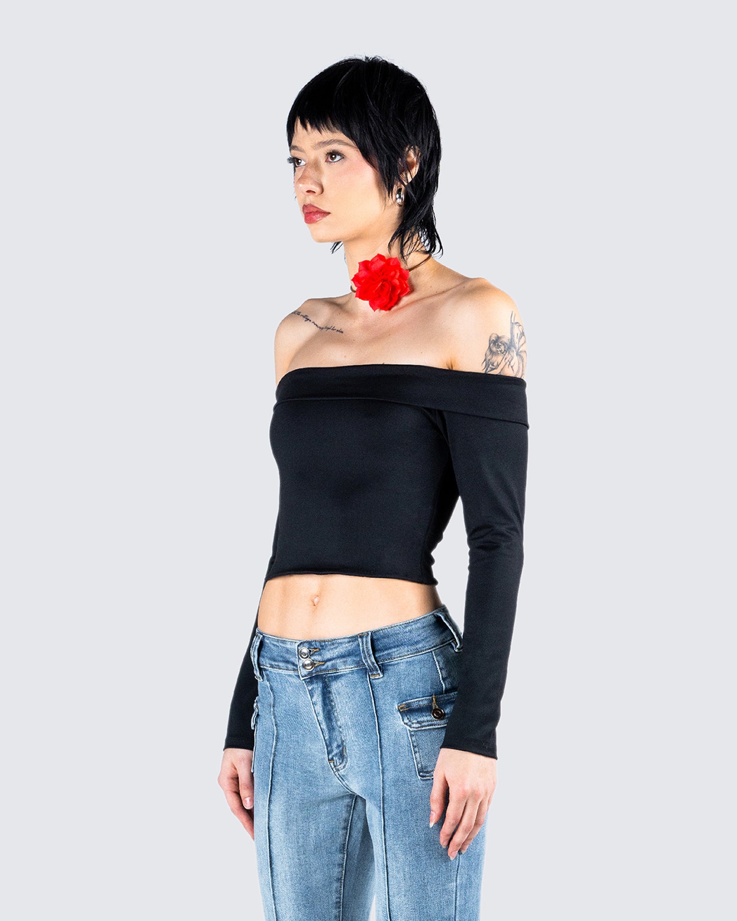 Zori Black Jersey Off Shoulder Top