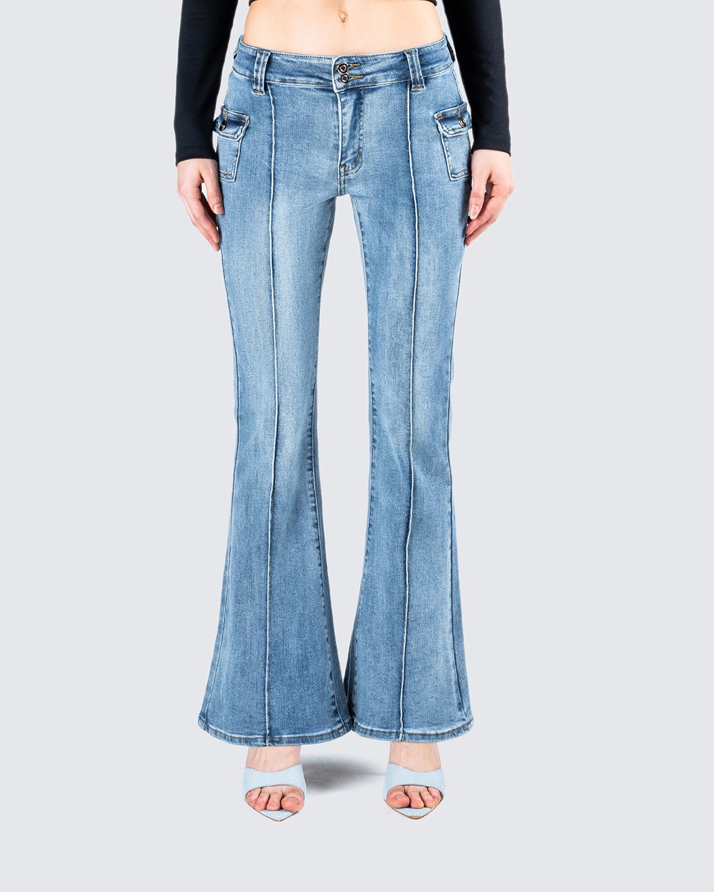 Zori Blue Flare Leg Denim Pant model front