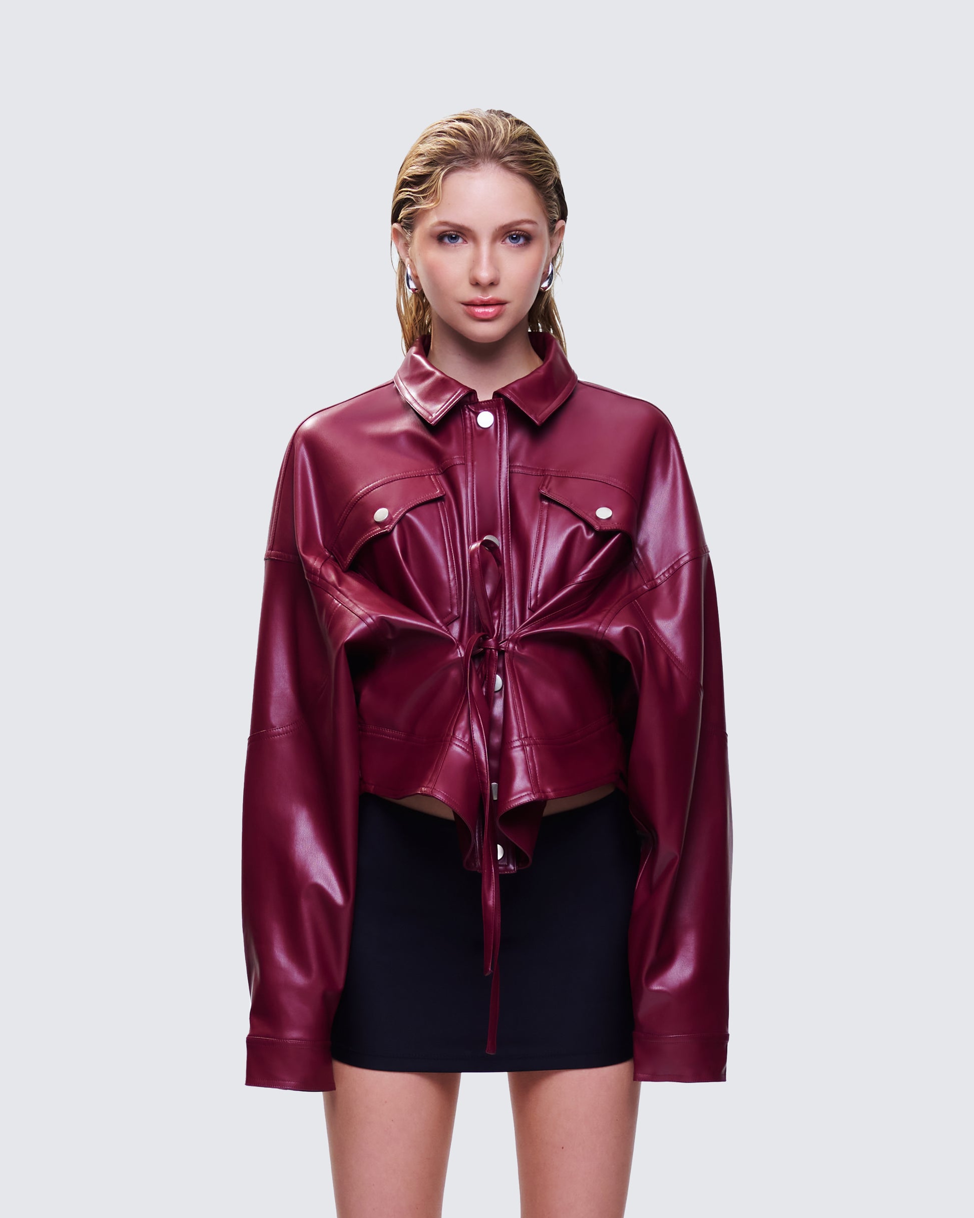 Zui Maroon Vegan Leather Oversized Cropped Jacket model front