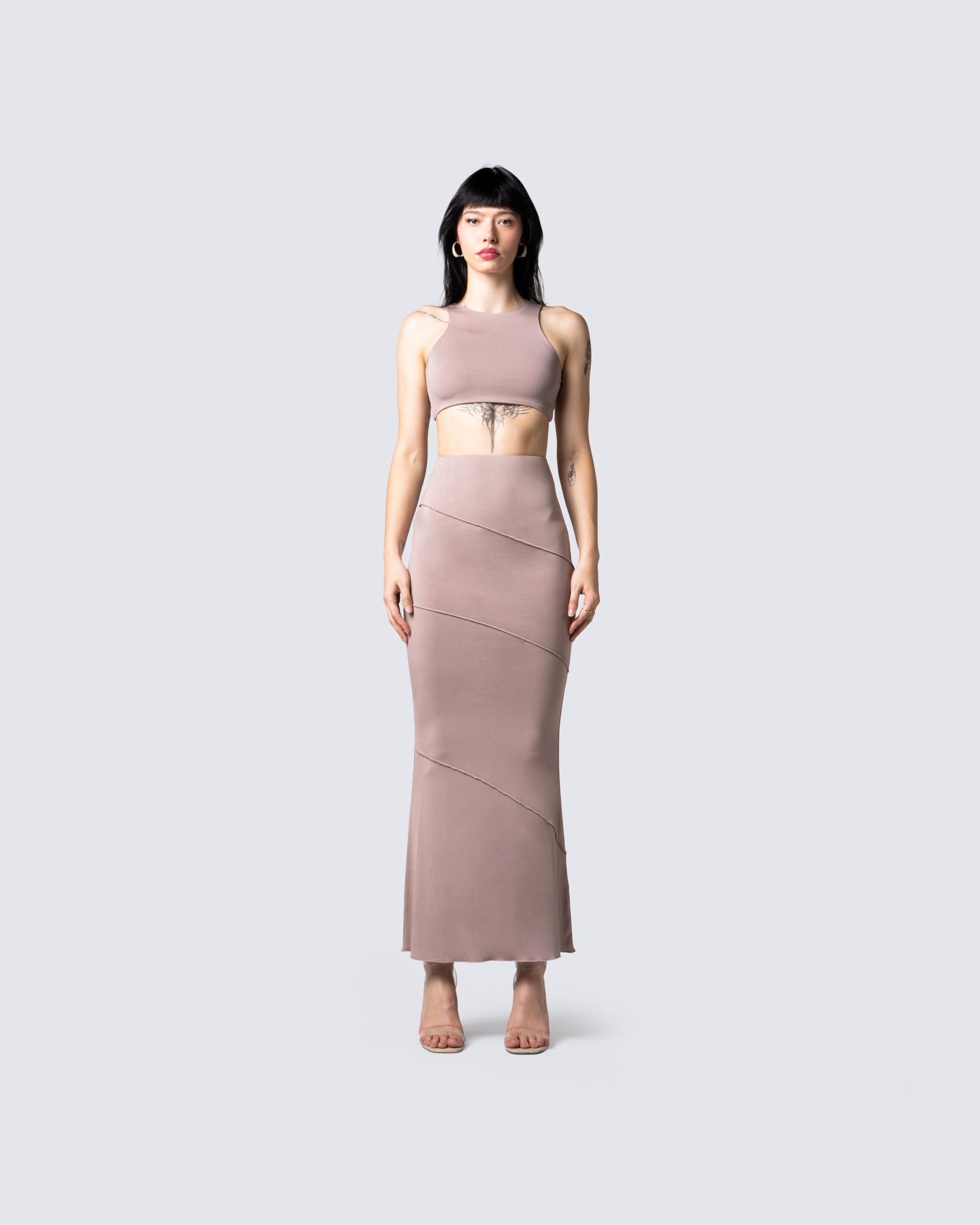 Zoe Taupe Maxi Skirt model front
