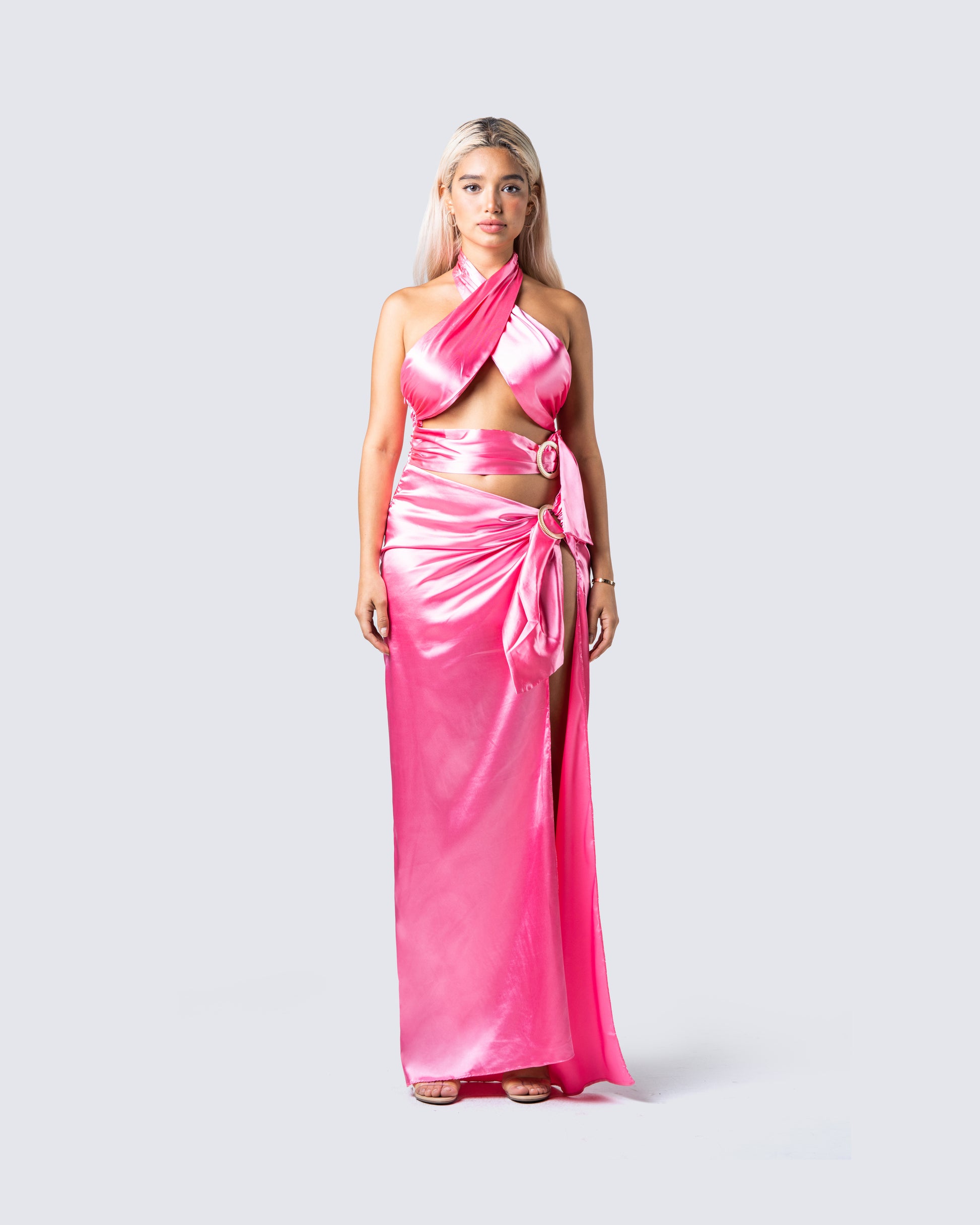 Alaina Pink Satin Maxi Dress model front