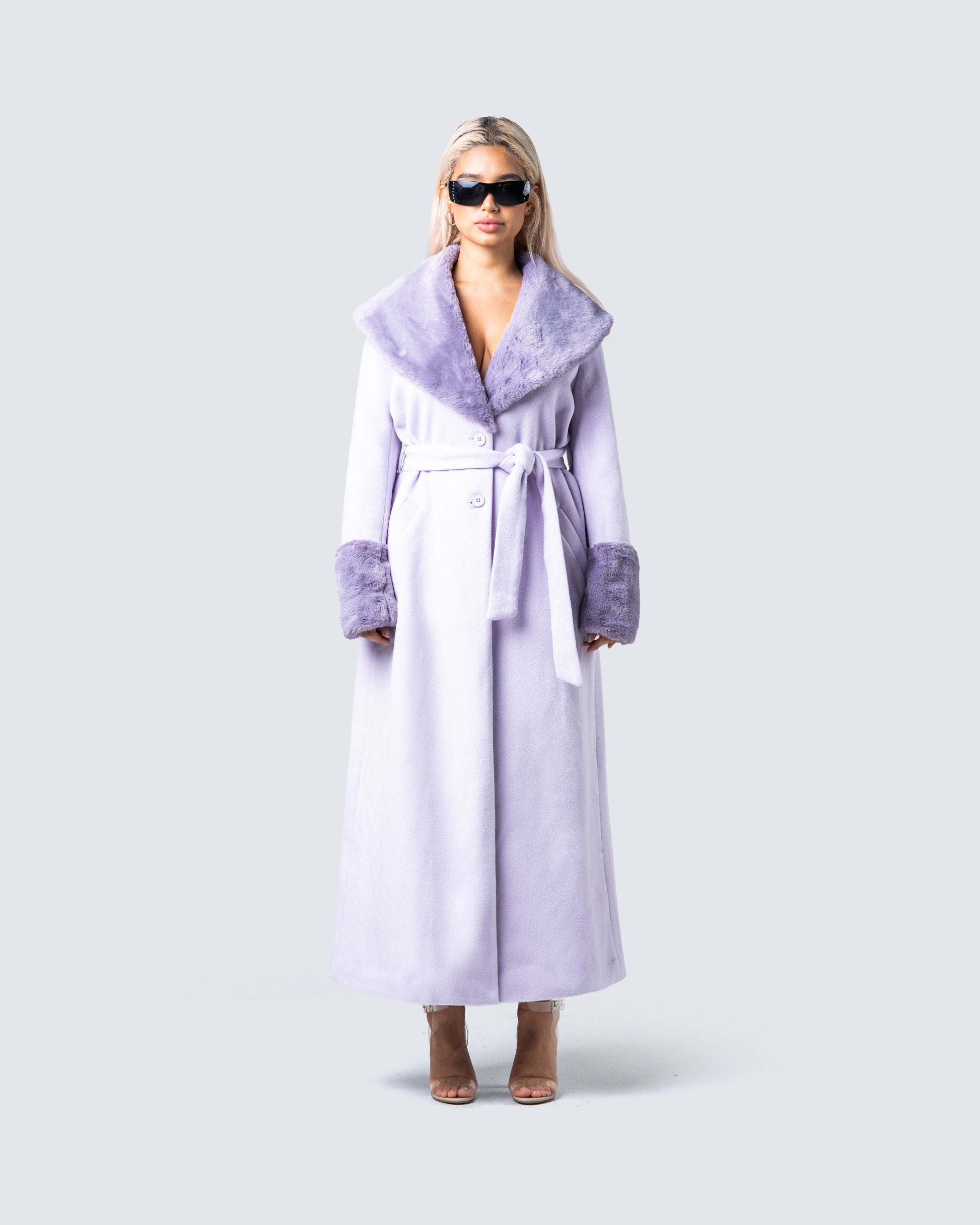 Anika Lavender Vegan Fur Trim Coat model front
