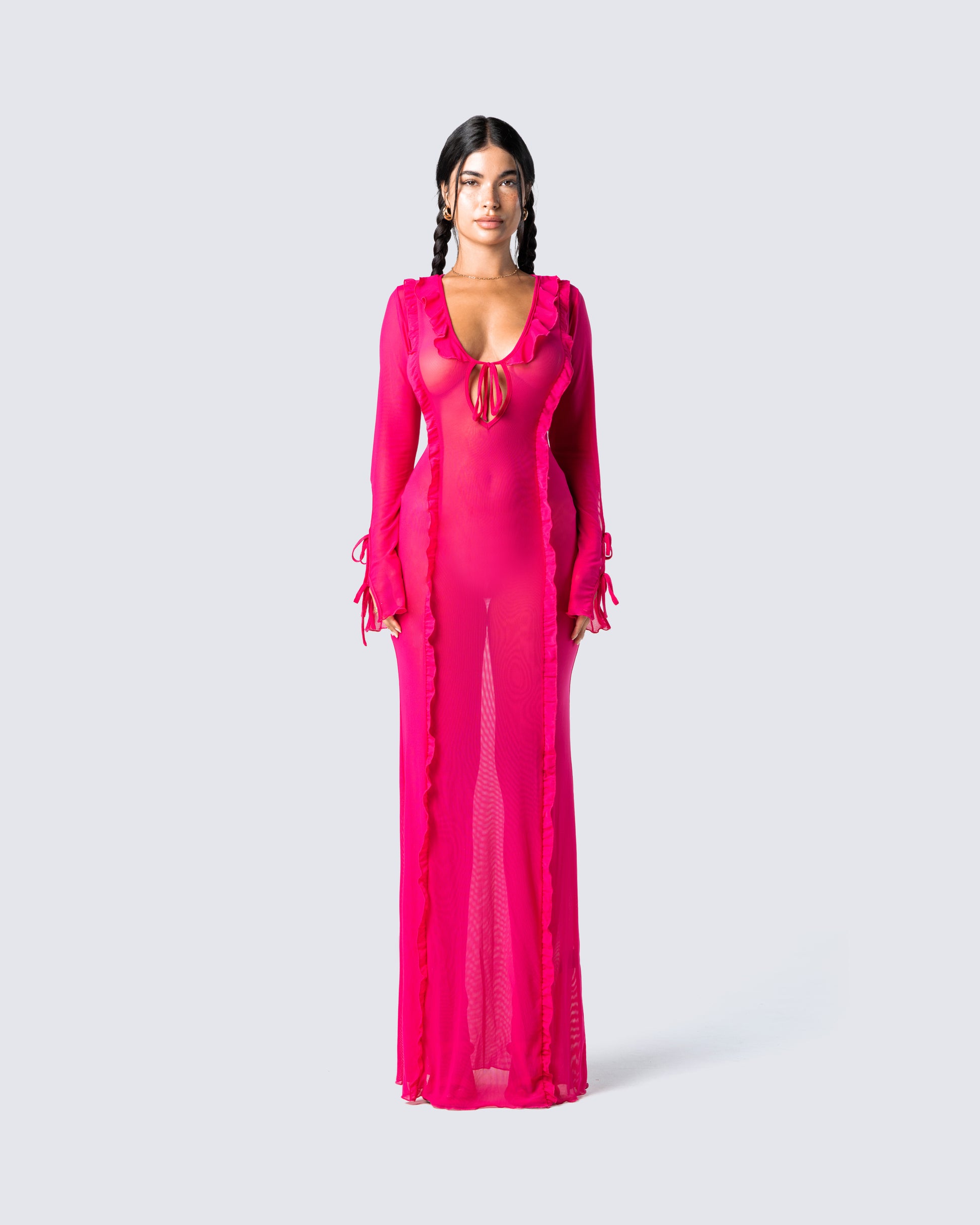 Florence Magenta Mesh Maxi Dress model front