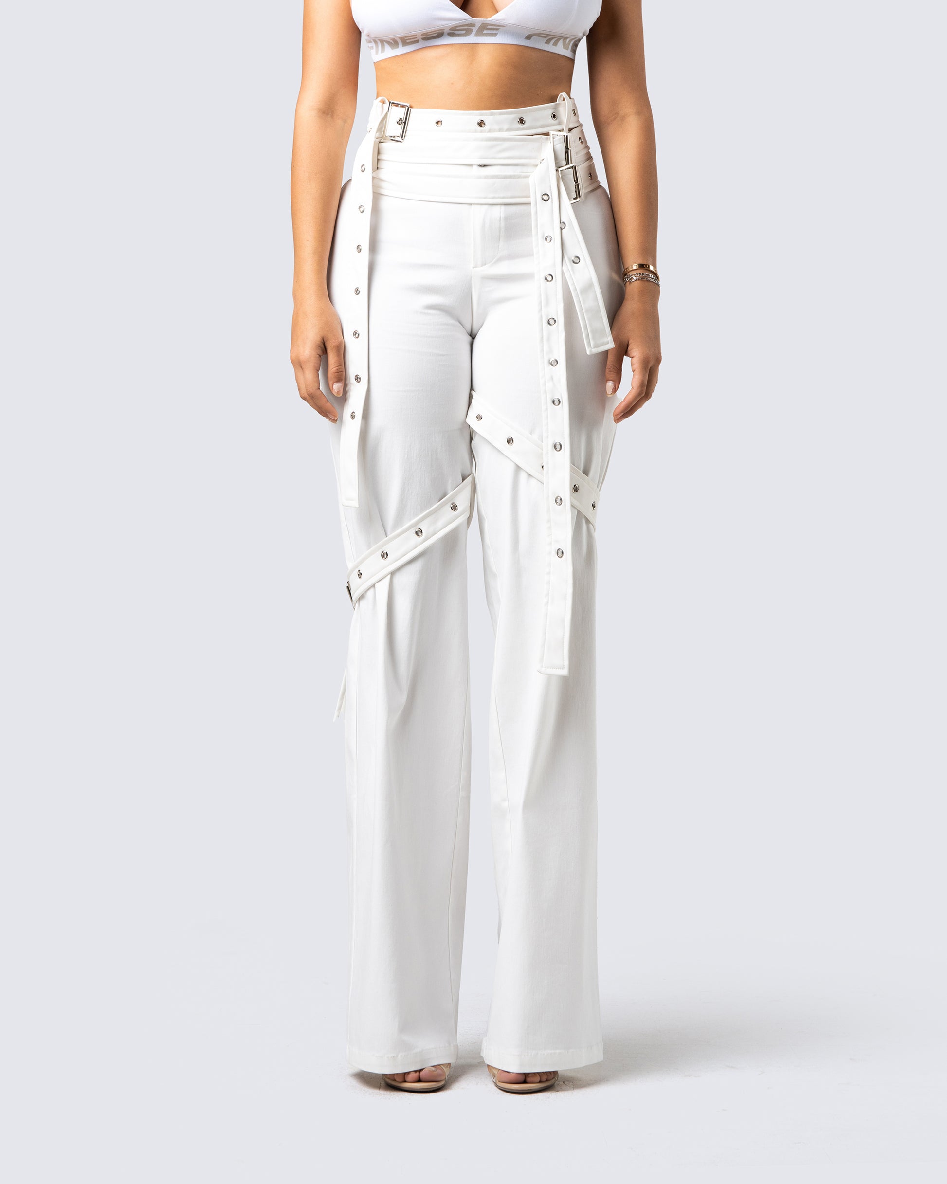 Pia White Vegan Leather Belt Pant model front