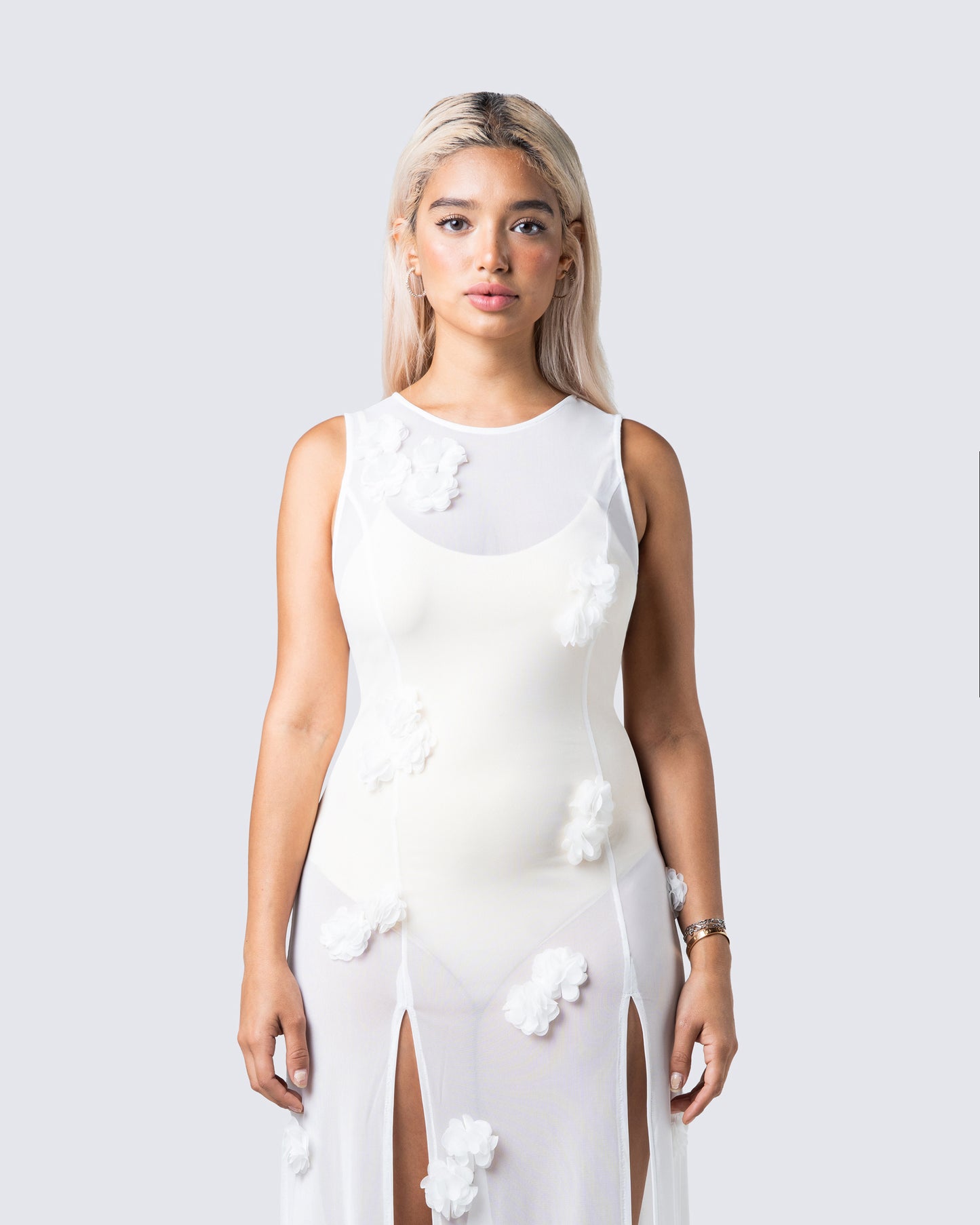 Regina Beige Knit Cami Bodysuit model front