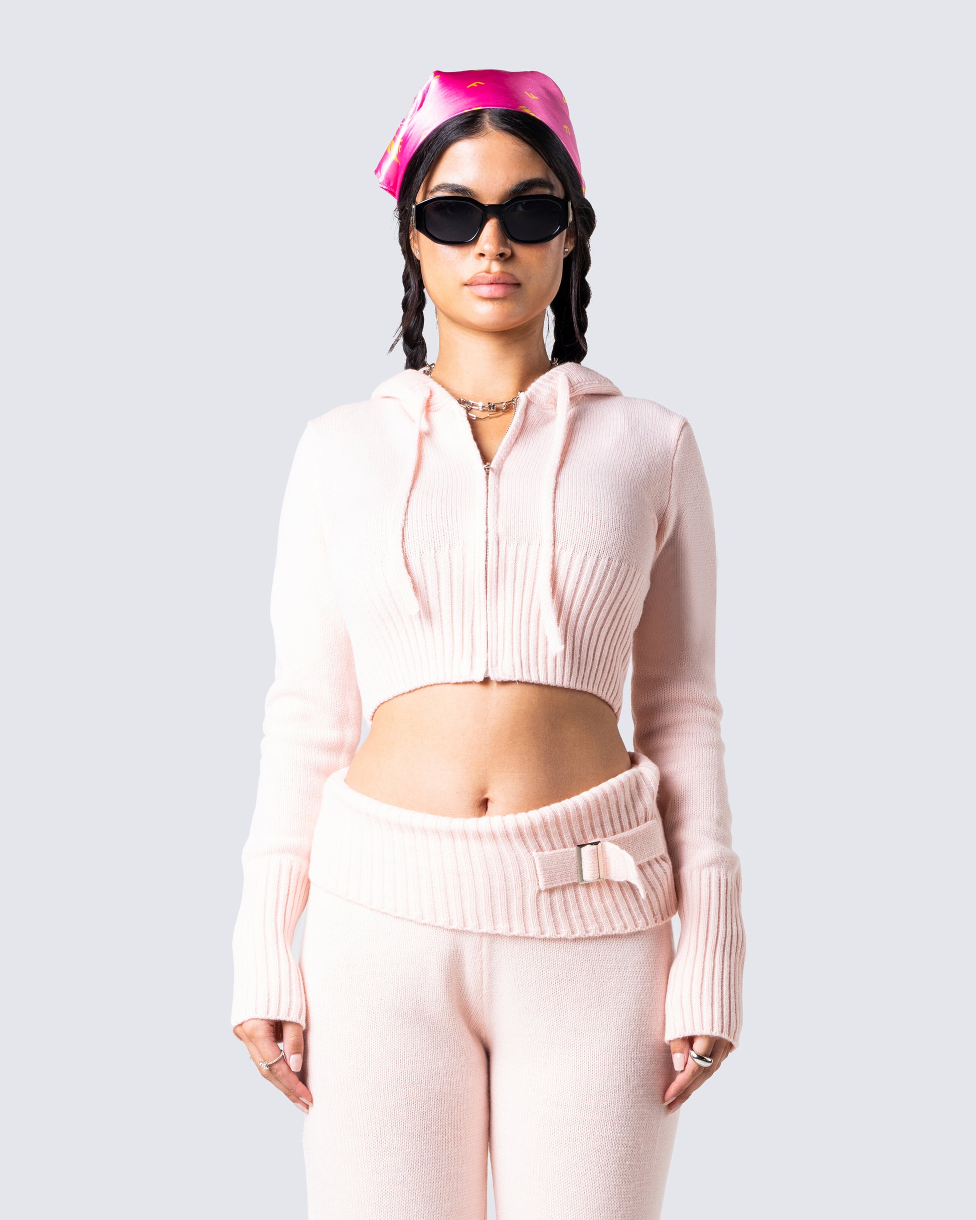 Alyssa Pink Knit Cropped Jacket model front