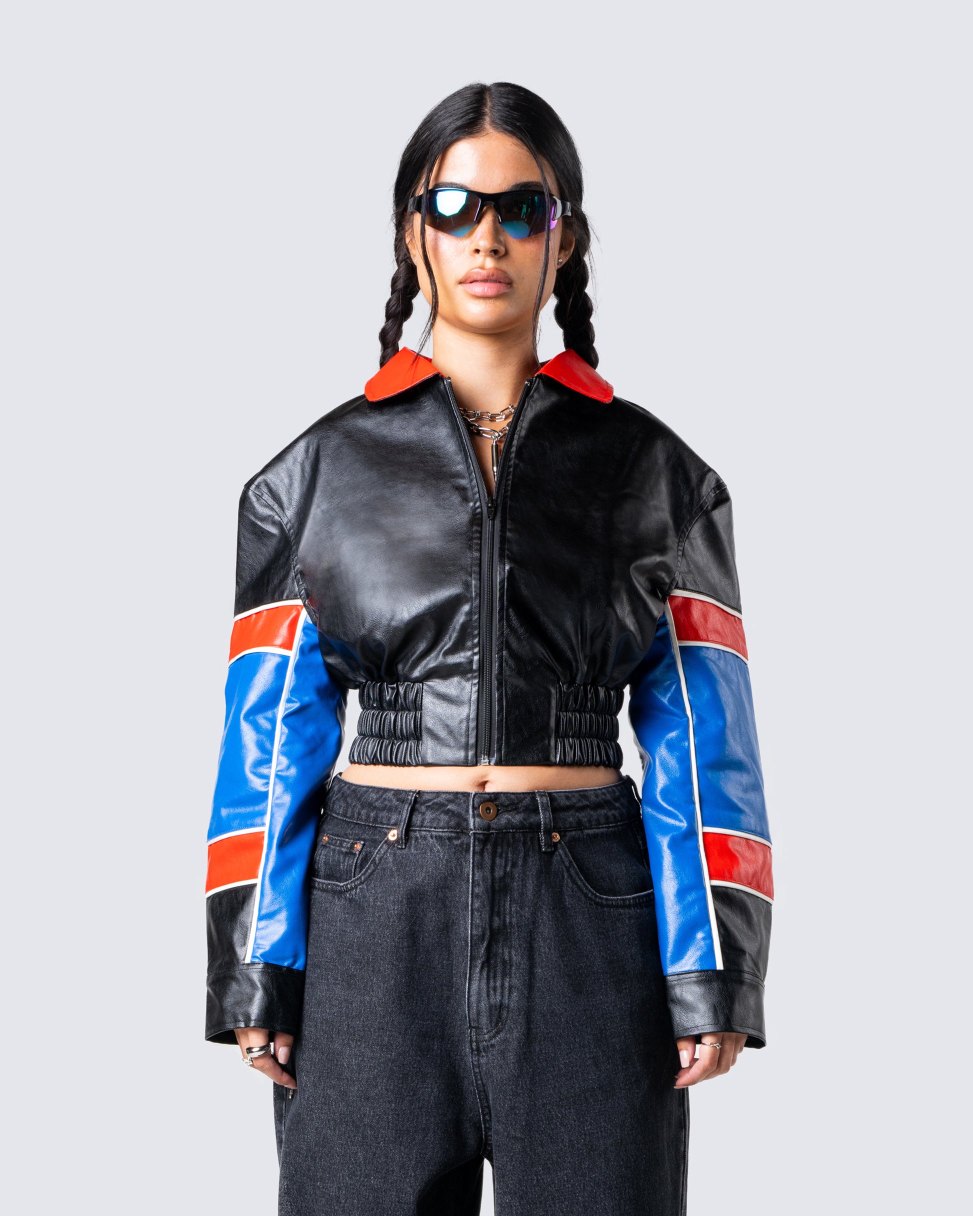 Atlas Black Vegan Leather Jacket model front